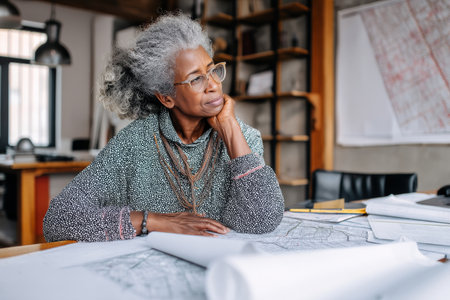 Mature African-American woman in her CEO office reviewing expansion plans, multiple maps and financial documents spread across a tableの素材