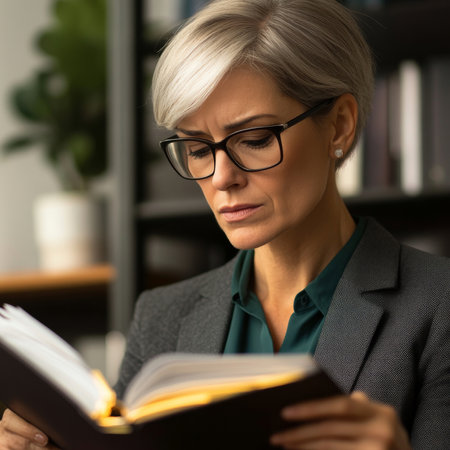 Mature Caucasian businesswoman flipping through a contract binder, glasses resting on nose, concentrating in a quiet corner office with a clean, minimalist designの素材
