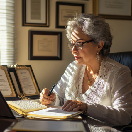 Elderly Hispanic businesswoman writing notes in a planner, working in a sunny executive office with framed diplomas, bookshelves, and a serene expression of focusの素材