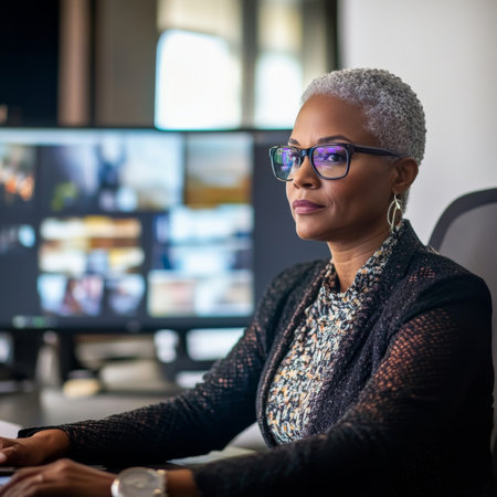 Middle-aged Black businesswoman leading a remote team call via video conference, multi-screen setup, stylish office with tech and time management toolsの素材