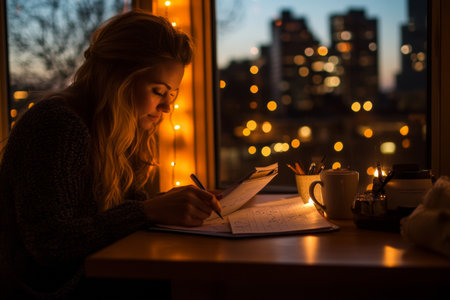 Young adult Caucasian businesswoman working at her desk late in the evening, city lights glowing through the window, deep in thought as she types a report, coffee mug and planner by her sideの素材