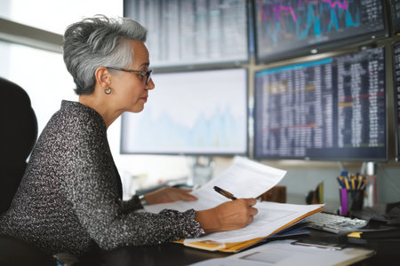 Mature Hispanic businesswoman finalizing financial reports, surrounded by spreadsheets and analytics software on a multi-screen setupの素材