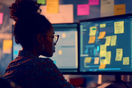 Young adult Black woman setting up analytics tools on a dual-screen workstation, laser-focused and surrounded by technical manuals and sticky notesの素材