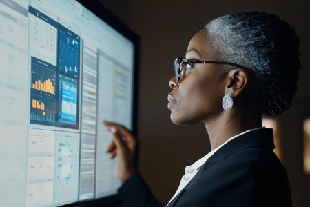 Middle-aged Black businesswoman testing a business analytics dashboard on a large monitor, reflecting focused curiosity and leadership insightの素材