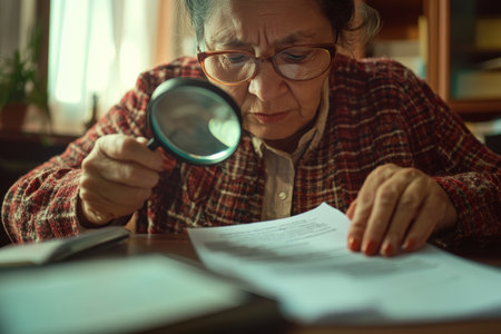 Elderly Hispanic woman preparing client contracts with precision, checking fine details with a magnifier, dedicated and detail-oriented professionalの素材