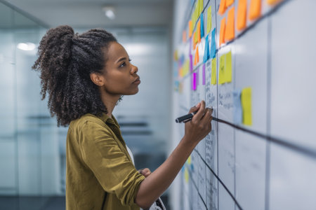 Young adult African-American woman updating cloud-based project management boards, assigning tasks and adjusting timelinesの素材