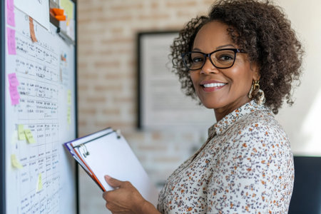 Middle-aged African-American businesswoman organizing folders and planning her week with a whiteboard calendar in a cozy yet modern office, time management and leadership evidentの素材