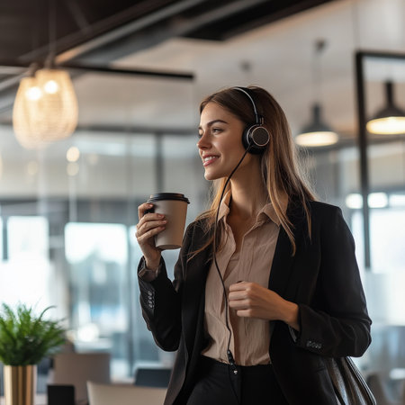 Young adult Caucasian businesswoman holding a coffee mug while talking on a wireless headset, balancing work and communication in a stylish open-plan workspaceの素材