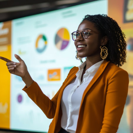 Young adult Black businesswoman making a presentation with confidence in a casual meeting zone, pointing at an infographic, full of energy and clarityの素材