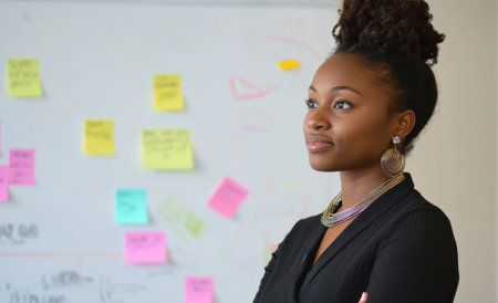 Young adult African-American businesswoman standing near a whiteboard, explaining project phases to her team, diagrams and post-it notes emphasizing clarity and visionの素材