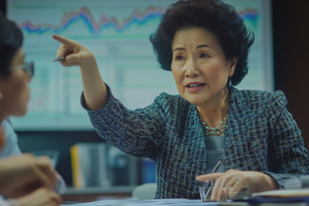 Elderly Asian woman in a senior executive office, pointing to a line graph during a strategy meeting, assertive and analytical, team members nodding in agreementの素材