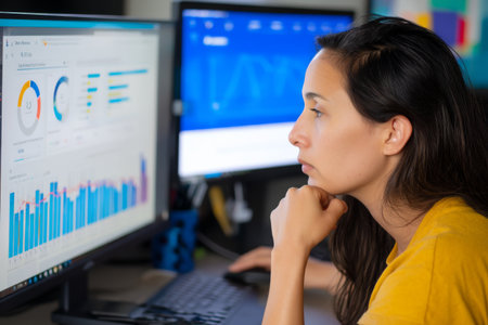 Young adult Hispanic woman analyzing advertising performance, switching between dashboard tabs and making real-time editsの素材