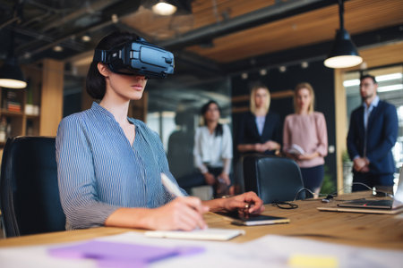 Caucasian young adult businesswoman immersed in virtual reality, testing a simulation interface for training programs. Her team watches and takes notes in a modern innovation lab.の素材