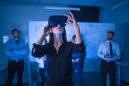 Caucasian young adult businesswoman immersed in virtual reality, testing a simulation interface for training programs. Her team watches and takes notes in a modern innovation lab.の素材
