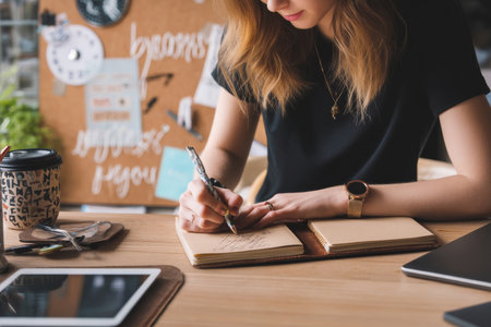 Caucasian young adult businesswoman writing with a pen in a leather notebook, focused on outlining her ideas for a new business venture. Her workspace includes a corkboard, tablet, and inspirational quotes.の素材