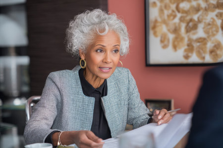 An elderly African-American woman chats with a colleague about a report, seated at her modern desk in a welcoming, sunny office with confident warmth.の素材