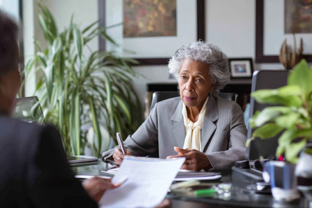 Elderly African-American business woman sitting at her desk, discussing a financial report with a colleague, dressed in a professional gray suit, her office adorned with plants and framed artwork, exuding wisdom and professionalism in a modern settingの素材