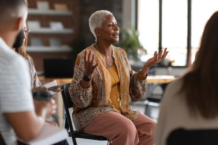 A mature Black woman leads a workshop on resolving conflicts, engaging participants in role plays and active listening to build stronger communication skills.の素材
