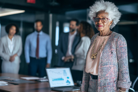 Elderly African-American business woman standing by her desk, leading a team meeting in a conference room, her laptop open with graphs displayed, and team members listening attentively, dressed in a chic, professional outfitの素材
