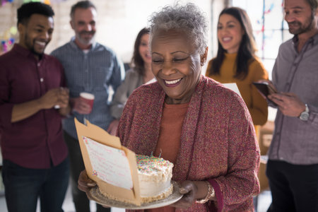 An elderly Black woman shares a retirement cake moment with colleagues, smiling warmly as coworkers present a handmade card filled with memories, gratitude, and cheerful farewellsの素材