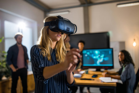 A young Caucasian woman tests training simulations in VR, fully immersed while her team watches attentively in a high-tech innovation space.の素材