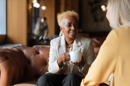 A mature Black businesswoman shares coffee with a coworker at a cozy office lounge while discussing mentorship, career advancement, and women empowering women in corporate cultureの素材