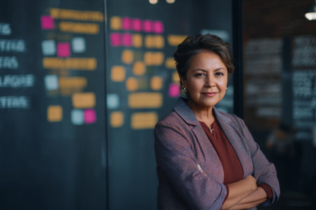 A mature Hispanic woman stands confidently in front of a company values wall, using it as a backdrop while filming a recruitment video about diversity, inclusion, and opportunities for growthの素材