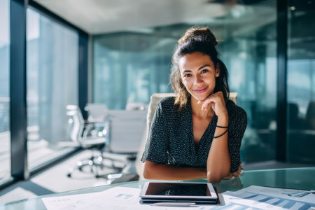 A confident young adult Hispanic businesswoman sitting at a sleek office desk, reviewing financial reports on a digital tablet, surrounded by modern interior design and daylight through glass windows, symbolizing ambition and success in tech.の素材