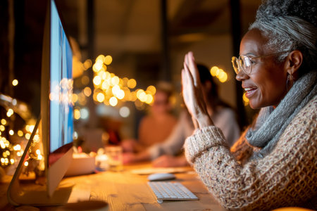 A mature Black woman fine-tunes ambient lighting for a virtual office party, creating a welcoming mood for a remote team celebration.の素材