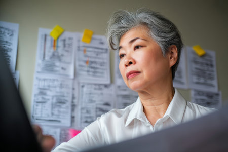 A mature Asian woman evaluates performance reviews for her department, looking for trends and gaps while offering constructive, thoughtful feedback in personalized evaluationsの素材