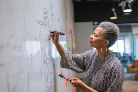 A middle-aged African-American woman collaborates at a whiteboard with the marketing team, adjusting brand language and storytelling elements for an upcoming campaign.の素材