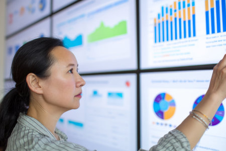 A middle-aged Asian woman updates company-wide performance dashboards, ensuring all metrics align with quarterly goals and providing visual summaries to share with department headsの素材
