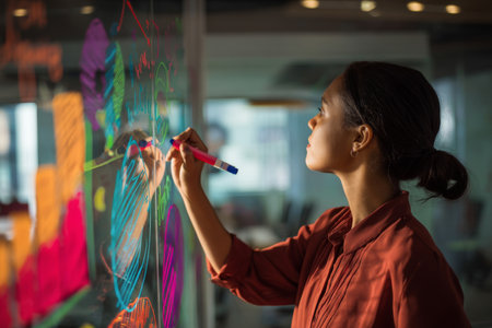 A young adult Hispanic woman paints a bold vision on a glass wall using dry-erase markers, inspiring teammates with her colorful charts, strong leadership, and passionate business ideasの素材