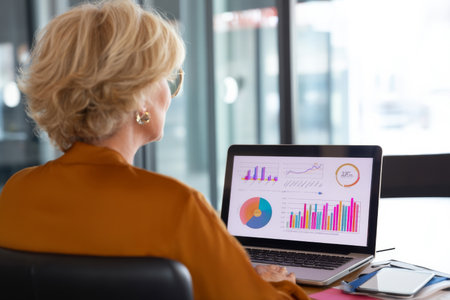 A mature Caucasian woman prepares presentation slides filled with vivid charts and compelling statistics for a high-stakes quarterly meeting with board members and investorsの素材
