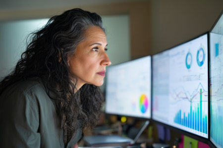 A mature Hispanic businesswoman analyzes financial dashboards, reviewing budgets, forecasts, and trends ahead of her quarterly reporting deadline.の素材
