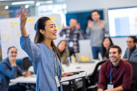 A young Asian woman facilitates a workshop on digital innovation, exploring AI tools and branding concepts with a collaborative, tech-savvy team.の素材