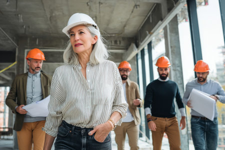 A mature Caucasian woman oversees the construction of a new office expansion, walking the site with architects, checking blueprints, and ensuring it aligns with the company's values and cultureの素材
