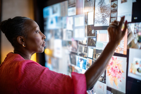 A mature Black woman creates a vision board filled with motivational quotes and images to support her team's quarterly planning and growth goals.の素材