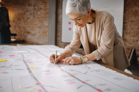 A mature Hispanic woman consults a large roadmap printout, plotting key milestones, stakeholders, and dependencies for the upcoming launch of a global B2B digital productの素材