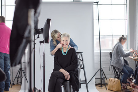 A mature Caucasian businesswoman plans a professional headshot event for staff, coordinating lighting, photographer schedule, and makeup touch-ups to help everyone look their bestの素材
