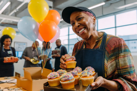 A middle-aged African-American woman hosts a product celebration with cupcakes and recognition awards, creating a joyful moment that fosters appreciation and team unity.の素材