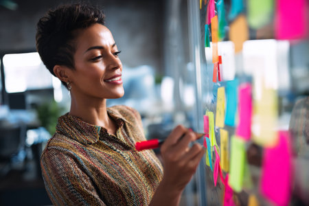 A mature Hispanic woman plans a company-wide gratitude campaign, creating a calendar of appreciation events, thank-you notes, and team awards that boost morale and recognitionの素材