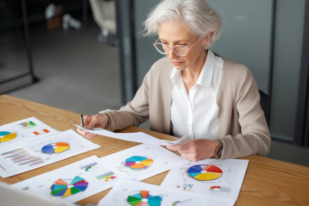 A mature Caucasian woman prepares presentation slides filled with vivid charts and compelling statistics for a high-stakes quarterly meeting with board members and investorsの素材