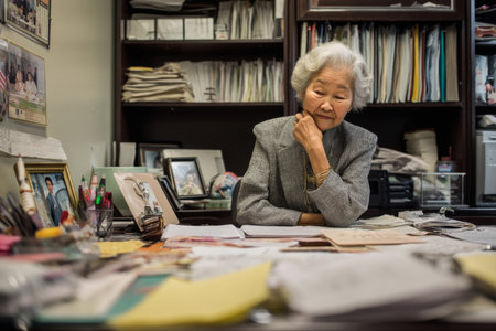 An elderly Asian woman reflects during her final day in the office, lovingly packing photos, mementos, and journals filled with decades of leadership lessons and mentorship notesの素材