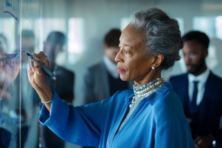 An elderly Black woman explains project phases on a clear board, confidently leading a strategy session with junior staff in a modern glass-walled room.の素材