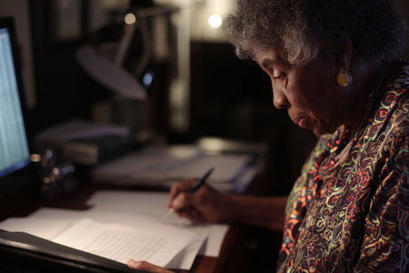 An elderly African-American woman organizes archival materials into a digital timeline, preserving company milestones while narrating pivotal moments for an internal anniversary documentaryの素材