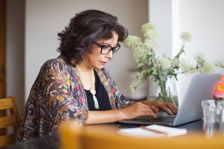 A mature Hispanic woman builds an inclusive employee feedback survey, refining its questions to yield clear, actionable insights that reflect team sentiment.の素材