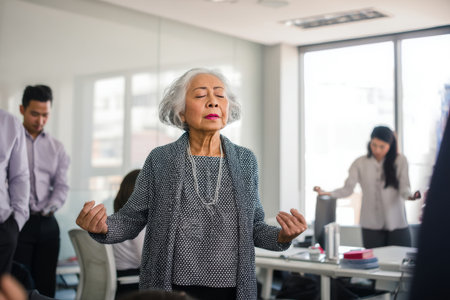 An elderly Hispanic woman leads a mindfulness session for coworkers during lunch, guiding breathing techniques and gentle desk stretches to promote balance, productivity, and stress management in corporate environmentsの素材