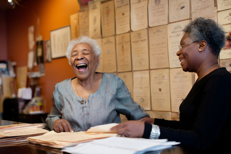 An elderly Black businesswoman shares a laugh with her assistant while organizing years of award certificates, displaying moments of excellence and recognition throughout her careerの素材