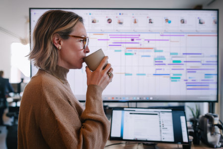 A middle-aged Caucasian woman juggles deadlines while sipping coffee at her standing desk, managing emails, video meetings, and detailed Gantt charts for a high-stakes corporate rolloutの素材